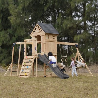 AXI Duncan Speeltoestel met Schommels, Klimrekken en Monkey Bars – Met Picknickbank - Grijze Glijbaan - FSC 100% – Speeltoren voor de tuin / buiten