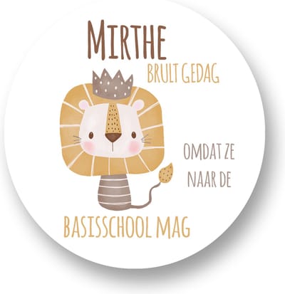 Traktatiestickers met naam - Naam brult gedag- afscheid Kleuterschool -Traktatiestickers Pimp Studio