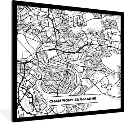 Fotolijst incl. Poster Zwart Wit- Stadskaart - Champigny-sur-Marne - Plattegrond - Kaart - Frankrijk - Zwart wit - 40x40 cm - Posterlijst