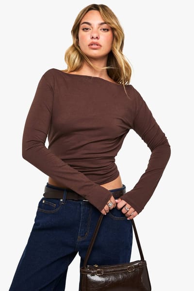 boohoo Dames Katoenen top met bootkraag en lange mouwen | Chocolate | Maat: 14
