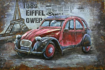 Metalen 3D schilderij 2 Pk Tour Eiffel - Citroën 2CV - 80 x 120 - schilderij - metal - muurdecoratie - wall - deco - kunst - wanddecoratie - metaal - wandschilderij - decoratief - interieur - cadeau - geschenk - gift - verjaardag - kerst - nieuwjaar