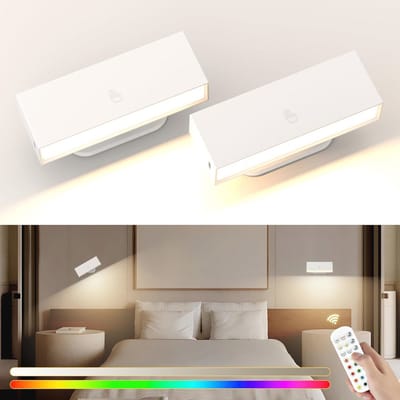 15 kleuren RGB wandlamp voor binnen met USB-opladen - 360° draaibaar en dimbare leeslamp voor slaapkamer en woonkamer - 2 stuks