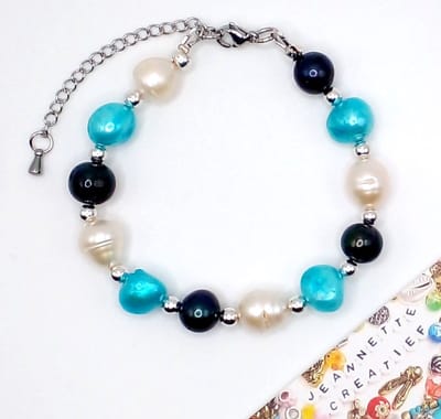 Jeannette-Creatief® - Zoetwaterparels - White, Bleu & Silver - Dames Armband - Armband met Parels - Parelarmband - Armband Zoetwaterparels - Donkerblauwe Zoetwaterparels - Blauwe Zoetwaterparels - Witte Zoetwaterparels - Moederdag