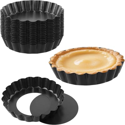 24 Stuks Mini Quiche Tins van 10 cm - Kleine Cakevormen met Losse Bodem voor Bakken en Koken, Zwart