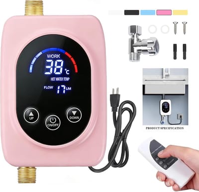 Doorstroomverwarmer Elektrisch - 3800W 220V - Met Touchscreen en Afstandsbediening - 50°C Max - Onderbouw Ontwerp - Voor Keuken en Camper - EU Stekker - Roze