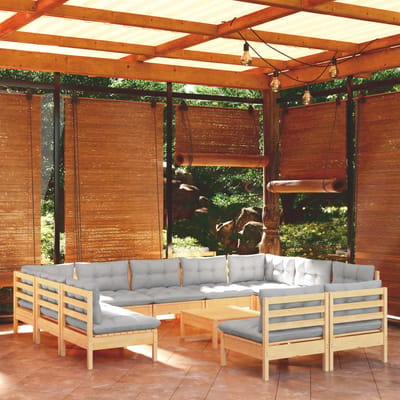 vidaXL - 12-delige - Loungeset - met - grijze - kussens - massief - grenenhout