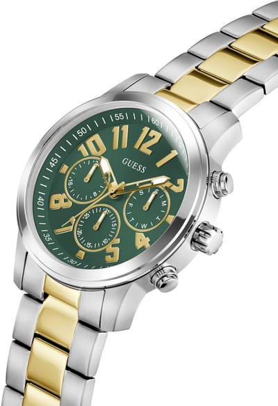 Guess Parker Quartz Analoog Horloge Zilverkleurig En Goudkleurig Kast Gemaakt Van 100% Roestvrij Staal En Een Armband Van 100% Roestvrij Staal 44 GW1006G1, GW1006G4