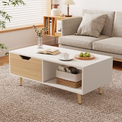 Elekiatech Salontafel - 100x49x43cm - Moderne Houten Tafel met Opbergruimte - Waterdicht, Milieuvriendelijk, Met Lades en Open Vakken - Wit Houtkleur