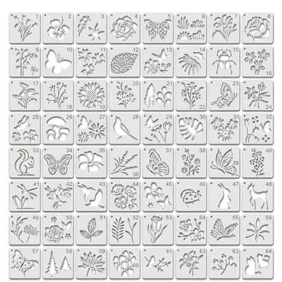 Wit kunststof tekensjablonen set natuur patronen beide 64 stuks bloemen vlinders vogels planten mini sjablonen herbruikbaar voor tekenen schilderen en decoratie