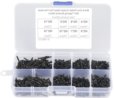 Assortiment van 800 Stuks Zwarte M2 Zelftappende Schroeven met Platte Kop en Opbergdoos - Perfect voor Klussen en Doe-Het-Zelf Projecten