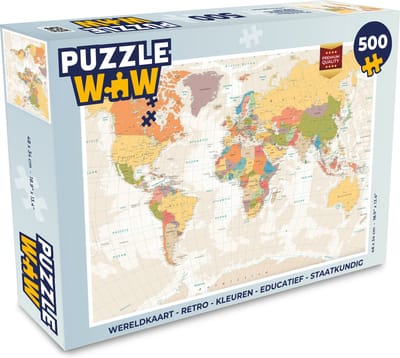Puzzel Wereldkaart - Retro - Kleuren - Educatief - Staatkundig - Legpuzzel - Puzzel 500 stukjes