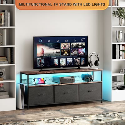 TV-kast, LED-ladenkast met 4 laden voor de slaapkamer, industriële tv-kast met laden, stoffen laden en metalen frame, houten oppervlak voor woonkamer, kinderkamer, gang, rustiek, zwart, 137x29,8x57cm