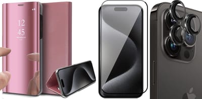 Hoesje geschikt voor iPhone 15 Pro - Screenprotector FullGuard & Camera Lens Screen Protector Zwart - Book Case Spiegel Roségoud