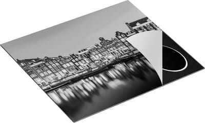 Chefcare Inductie Beschermer Amsterdamse Huisjes in de Avond met Lichten - Zwart Wit - 60x50 cm - Afdekplaat Inductie - Kookplaat Beschermer - Inductie Mat