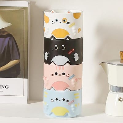 Stapelbare 4-delige mokkenset – Schattige keramische koffiemokken – Cartoonkattenontwerp – 300 ml – Ideaal voor feestjes & kattenliefhebbers