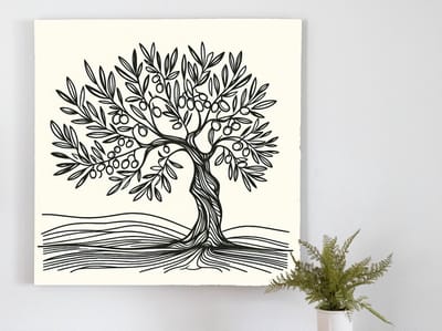 Line art olijfboom schilderij | Prachtig gestileerd: het levendige verhaal van de olijfboom ontvouwen | Kunst - 75x75 centimeter op Forex | Foto op Forex