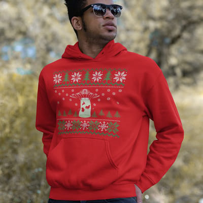 Foute Kerst Hoodie - Kleur Rood - UFO Snowy Trees - Maat XS - Uniseks Pasvorm - Kerstkleding voor Dames & Heren