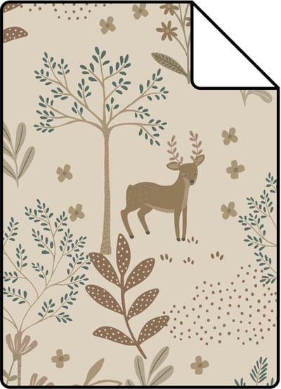 Proefstaal ESTAhome behang bos met bosdieren beige en groen - 26.5 x 21 cm - 131227-S