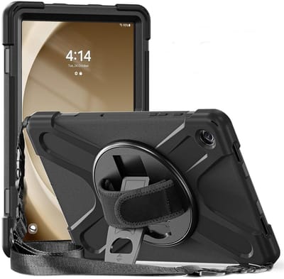 Hoes Geschikt voor Samsung Galaxy Tab A11 Plus - Back Cover met Handriem - 360° Draaibare Kickstand Standaard - Beschermhoes Zwart