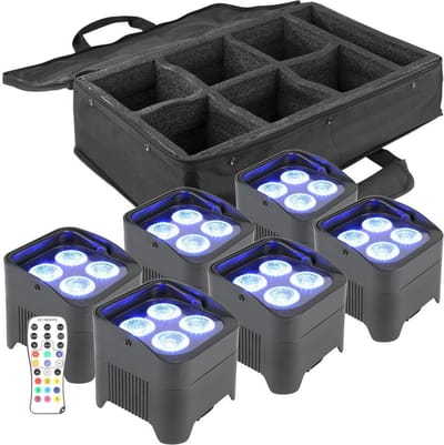 Lichtset draadloos - Complete BeamZ BBP94 Uplight lichtset met 6 accu LED Uplights in tas
