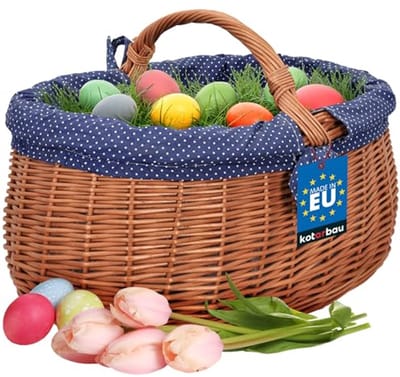 KOTARBAU® Rieten Mand, met Handvat, Wilgentenen, 47 x 31 x 32 cm, Bruin, Paddenstoelenmand, Boodschappenmand, met Stoffen Voering in Blauw, Oogstmand,, Natuurlijk