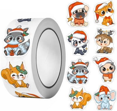 Fako Bijoux - 500 Kerst Stickers Op Rol - 2.5cm - Kerststickers - Christmas Stickers - Label Kerst - Sluitzegel - Kerst Dieren Mix - 25mm
