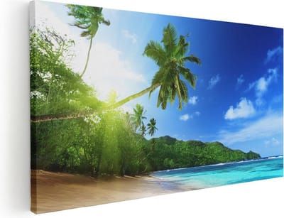Artaza Canvas Schilderij Strand - 40x20 cm - Klein - Wanddecoratie Zee - Muurdecoratie Tropisch Strand - Schilderijen Op Canvas Palmboom