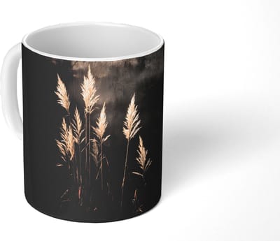 Mok - Koffiemok - Siergras - Pluimen - Verlichting - Zwart - Mokken - 350 ML - Beker - Koffiemokken - Theemok