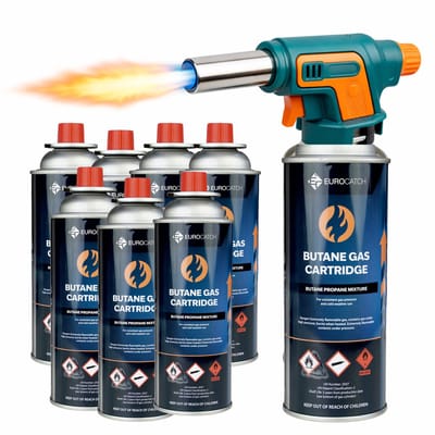 Eurocatch Gasbrander Set - 1300°C - Elektrische Ontsteking - Instelbaar Brandvermogen - Inclusief 8× 227g Gascartridge - Professionele Gasbrander