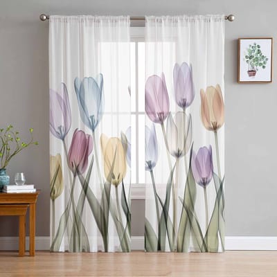 Tulp Bloem Aquarel Stijl Transparante Gordijnen voor Woonkamer Decoratie Raamgordijnen voor Keuken Tule Voile Organza Gordijnen W135 x H115cm x1 white