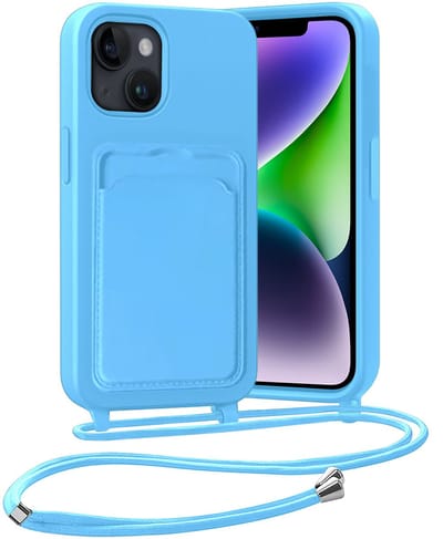 Hoesje Geschikt voor iPhone 13 Hoesje Met Telefoonketting Pasjeshouder Case Koord - Hoesje Geschikt voor iPhone 13 Hoes Met Kaarthouder - Lichtblauw