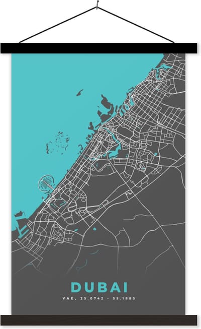 Posterhanger incl. Poster 40x60 cm - Schoolplaat - Dubai - Blauw - Kaart - Plattegrond - Stadskaart - Textielposter - Zwarte latten - Stadskaart