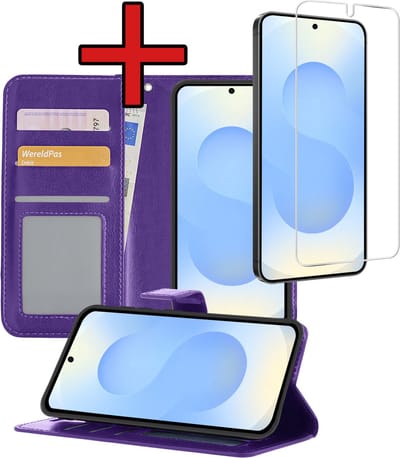 Hoesje - Met Screenprotector - Geschikt voor Samsung Galaxy S25 - Luxe Pasjeshouder - Flipcase - Bookcase Portemonee - Flip Case - Kunstleer Book Case - Book Cover - Walletcase - Portemonneehoes - Telefoonhoes - Paars