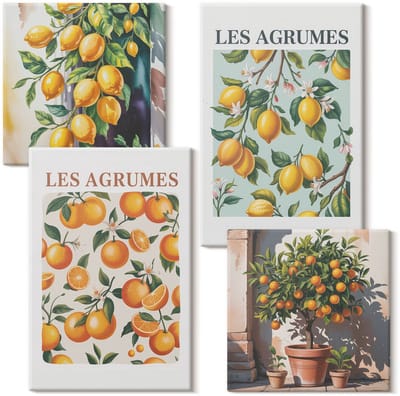 Wallfluent Set van canvas schilderijen - Fruitige citruspatronen in pastelkleuren Canvas Schilderijen Set - Set van 4 Canvas Schilderijen - Oranje Set van Canvas Prints - Natuur Canvas Kunst Set - Boheemse Canvas Kunst Set