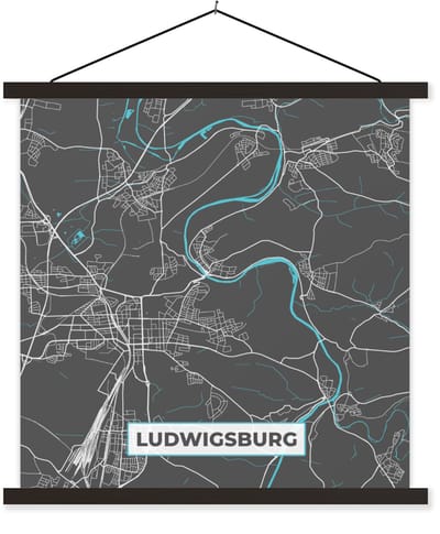 Posterhanger incl. Poster 60x60 cm - Schoolplaat - Stadskaart – Ludwigsburg – Duitsland – Plattegrond – Kaart - Textielposter - Zwarte latten - Stadskaart