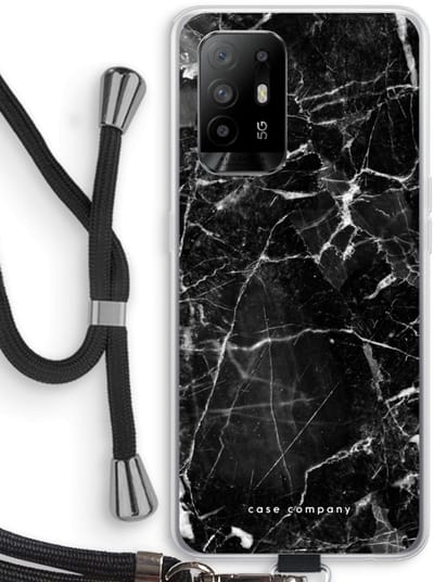 Case Company® - Hoesje met koord geschikt voor Oppo A94 5G hoesje met Koord - Zwart Marmer - Telefoonhoesje met Zwart Koord - Bescherming aan alle Kanten en Over de Schermrand