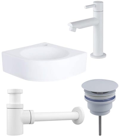 FugaFlow Eccelente Pietra fonteinset - 30x30x10cm - 1 kraangat - hoek - keramiek - fonteinkraan wit mat - glans wit