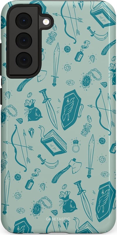 Casetastic Hoesje Geschikt voor Samsung S21 FE - Stijlvolle Beschermende Duo-layer Case - Avontuurlijke buit vol wapens