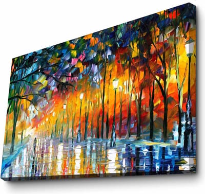 Woondecoratie - Leonid Afremov 'Misty Mood in the Park' Suede Canvas Schilderij - 70x100x3cm - Veelkleurig Kunstwerk voor Thuis