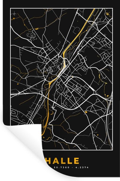 Muurstickers - Sticker Folie - Halle - Kaart - Plattegrond - Black en gold - Stadskaart - 20x30 cm - Plakfolie - Muurstickers Kinderkamer - Zelfklevend Behang - Zelfklevend behangpapier - Stickerfolie