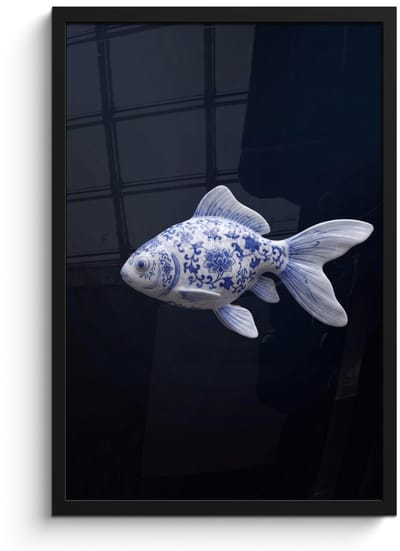 Poster in lijst - Fotolijst 40x60 cm - Posters - Porselein - Goudvis - Delfts - Blauw - Posterlijst zwart - Decoratie - Wanddecoratie woonkamer - Muurdecoratie slaapkamer
