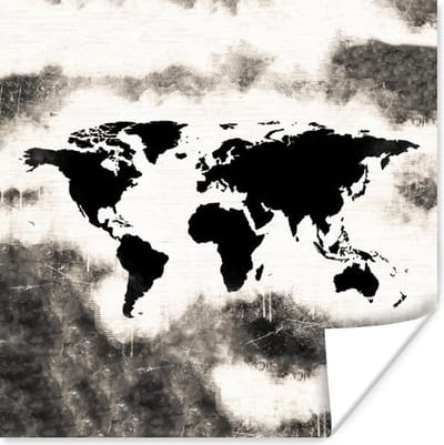 Poster 30x30 cm - Wereldkaart - Zwart - Hout - Posters - Kamer decoratie - Wanddecoratie woonkamer - Muurdecoratie slaapkamer