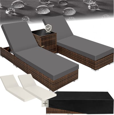 tectake® 2 Luxe Verstelbare Ligbedden - Wicker Tuinmeubels - Tuinstoelen met Bijzettafeltje - Ligstoelen - Inclusief Kussens en Beschermhoes - Bruin