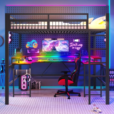 VVBV Hoogslaper 140x200 cm met Planken, Bureau - USB-C & Stopcontact, LED-Verlichting - Metaal Zwart - Zonder Matras