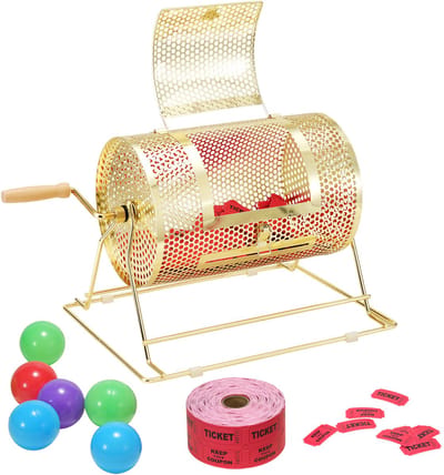 Loterijkooi, 29x19 Cm - Messing Geplateerd - Geschikt voor 2500 Loten Of 100 Pingpongballen, Houten Handvat
