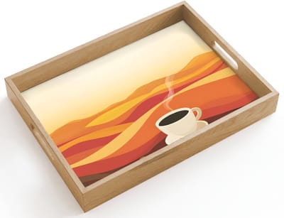 Dienblad hout 40x30 cm - Schootdienblad - Koffie - Landschap - Oranje - Koffiebonen - Borrelplank rechthoek - Plateau dienbladen