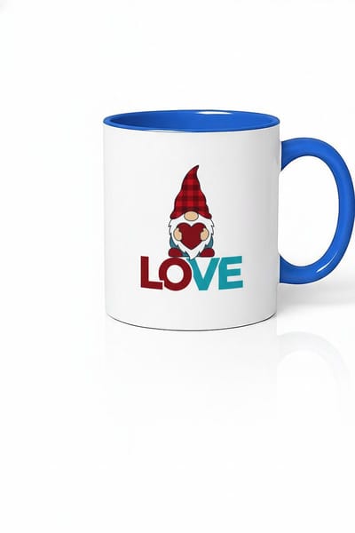 Liefdevolle Gnome Mok met Plaid Hoed en Hart - Unieke Koffiemok met Blauwe Binnenkant