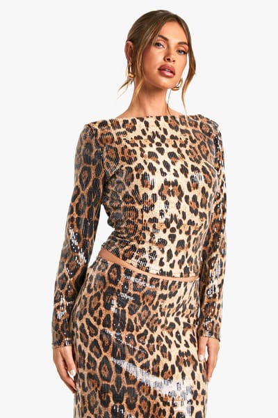 boohoo Dames Leopard Pailletten Rugloze Top | Brown | Maat: 14
