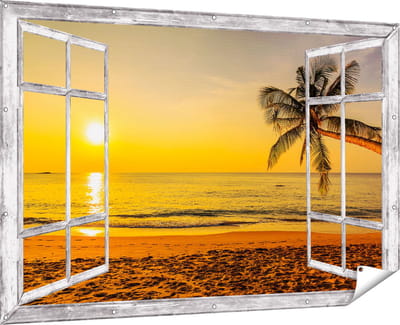 Gards Tuinposter Doorkijk Tropisch Strand tijdens Zonsondergang - 180x120 cm - Tuindoek - Tuindecoratie - Wanddecoratie buiten - Tuinschilderij