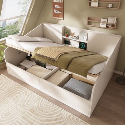 DESMIU Gestoffeerd Bed 140x190 Cm - Hydraulisch Eenpersoonsbed Met Oplader En Open Opbergvakken - Voor Slaapkamer En Kleine Ruimtes - Hout - Wit - Zonder Matras